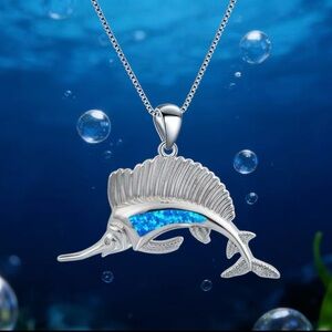 Marlin Sailfish Mens Deep Sea Fishing Necklace Silver Blue Lab Opal Pendant NEW